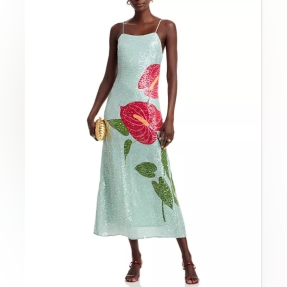 FARM Rio Dresses & Skirts - FARM Rio Mint Sequin Maxi Dress with Pink Floral